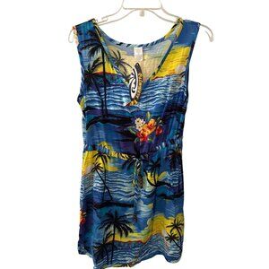 Palmwave Hawaii Womens Tropical Print Sundress S 100% Rayon V-Neck Blue & Yellow